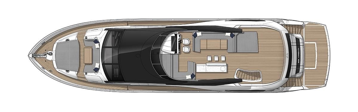 Sunseeker 88 Yacht, plattegrond dek met zitgedeelte bovenaanzicht