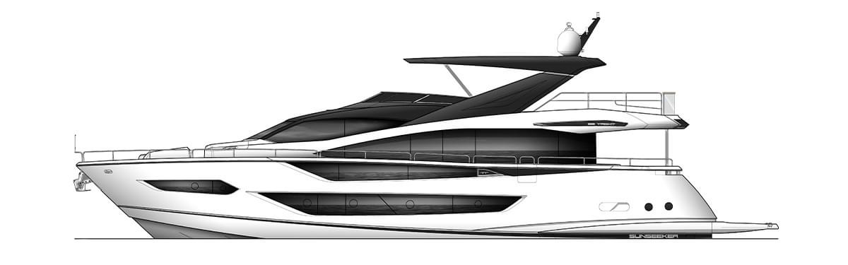 Sunseeker 88 Yacht, zijaanzicht technische tekening jacht