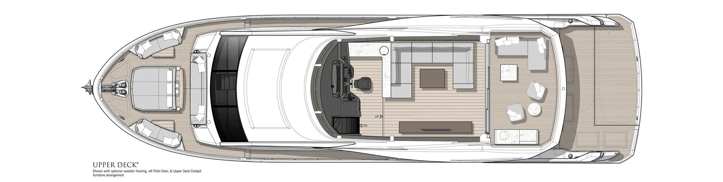 Sunseeker 90 Ocean Enclosed, plattegrond bovendek met loungeruimte