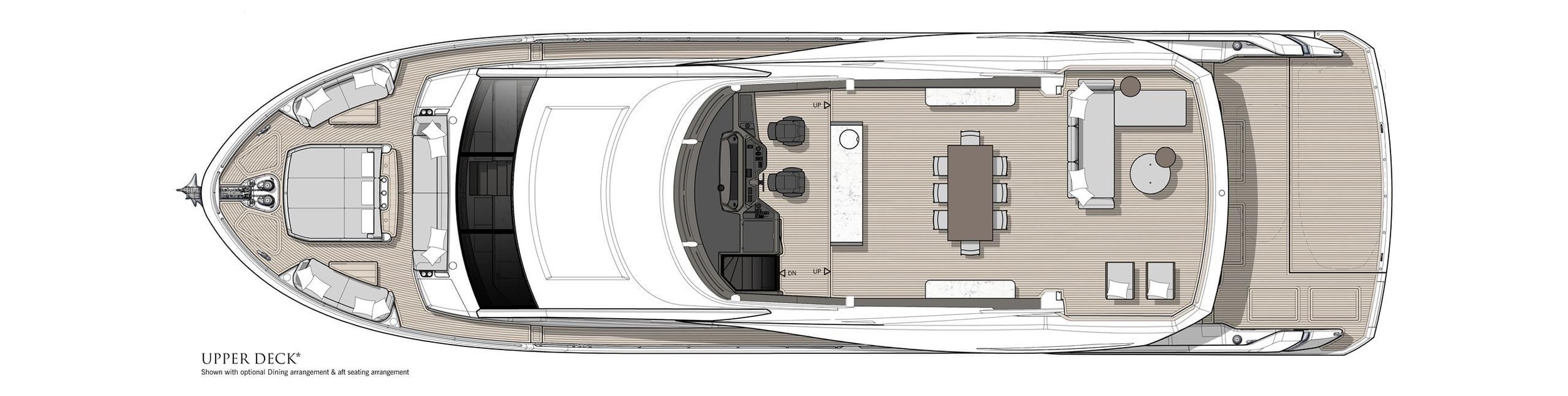 Sunseeker 90 Ocean Enclosed, plattegrond bovendek met loungezitjes