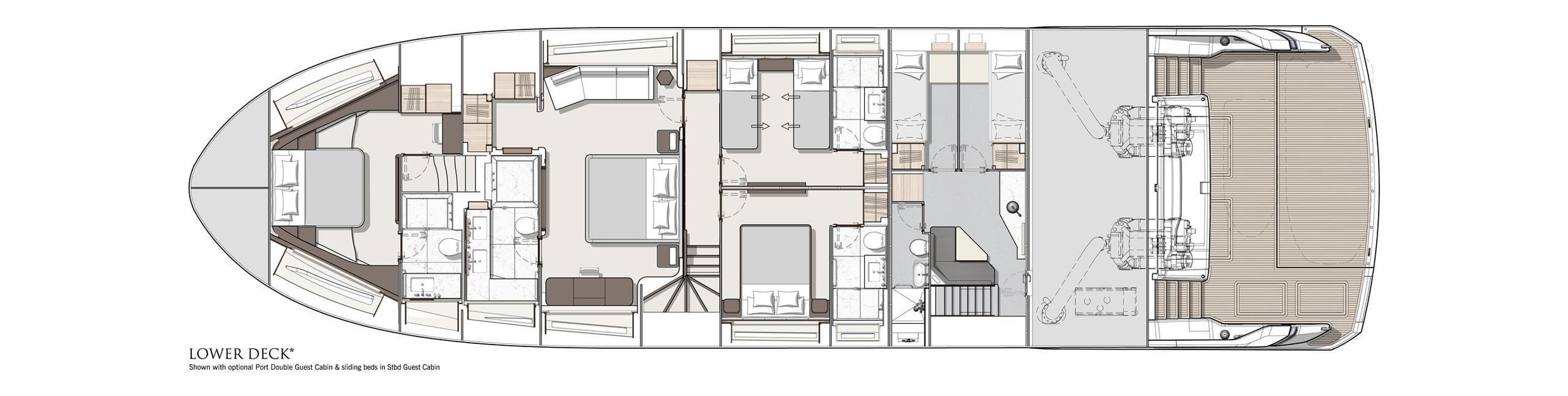 Sunseeker 90 Ocean Enclosed, plattegrond lower deck met cabines