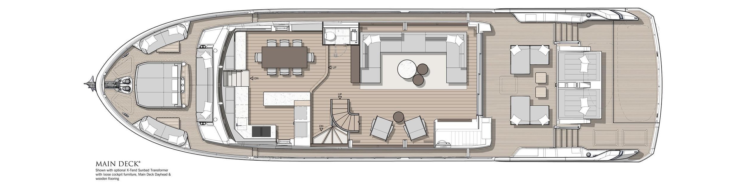 Sunseeker 90 Ocean Enclosed, plattegrond maindeck met lounge en eetkamer