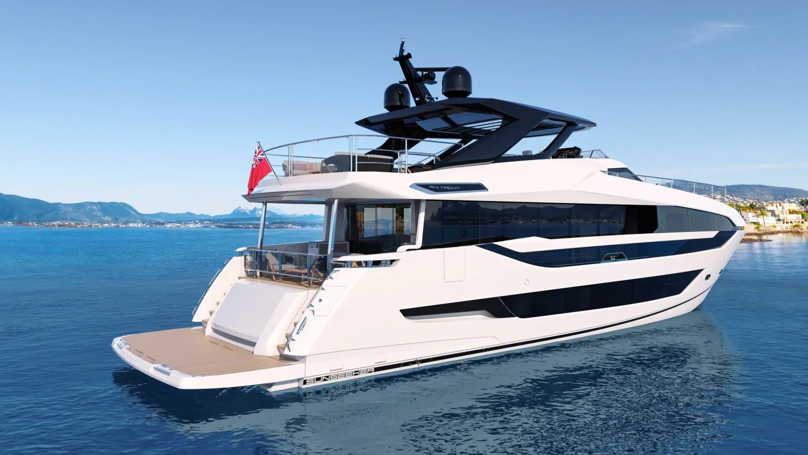 Sunseeker 94 Yacht, luxe jacht afgemeerd bij kust
