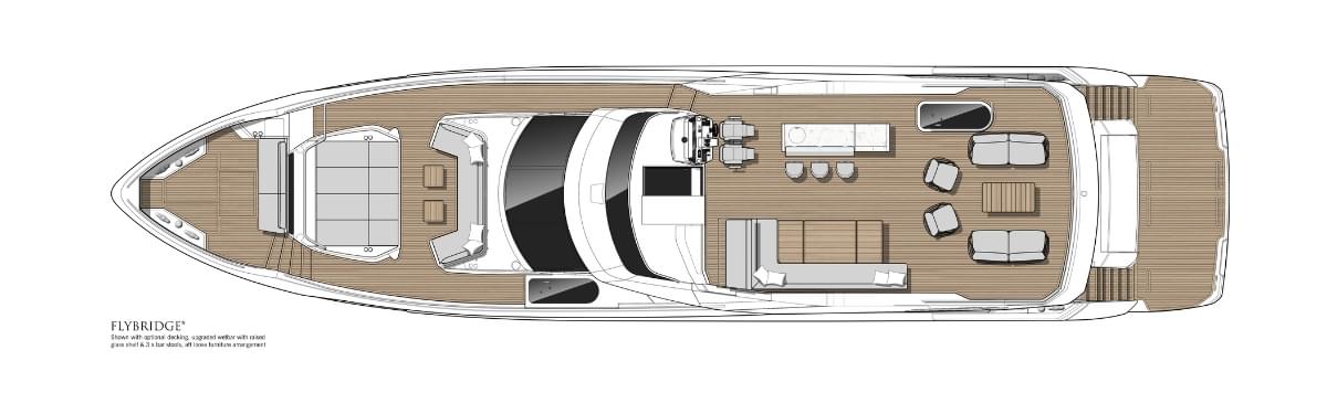 Sunseeker 94 Yacht, plattegrond flybridge dek met loungezitjes
