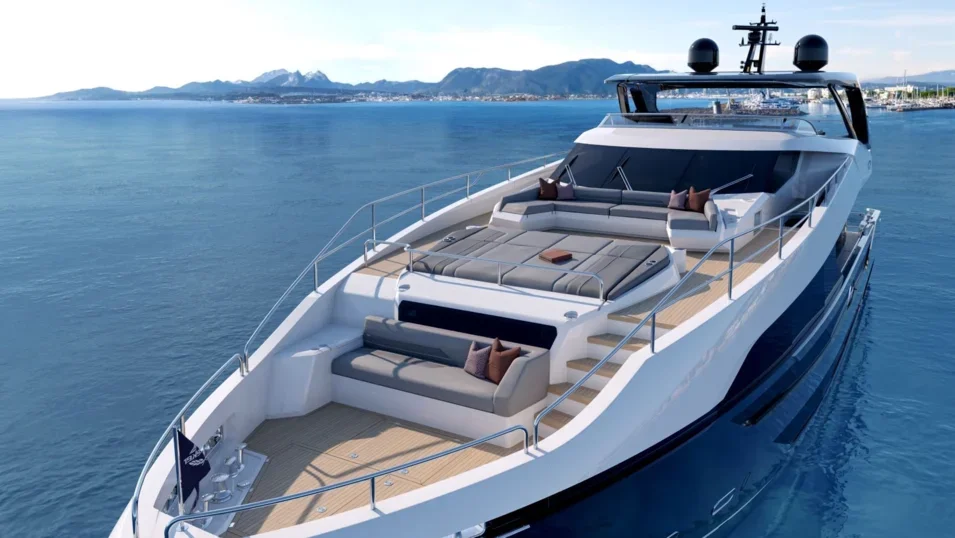 Sunseeker 94 Yacht, voordek met loungebanken op jacht