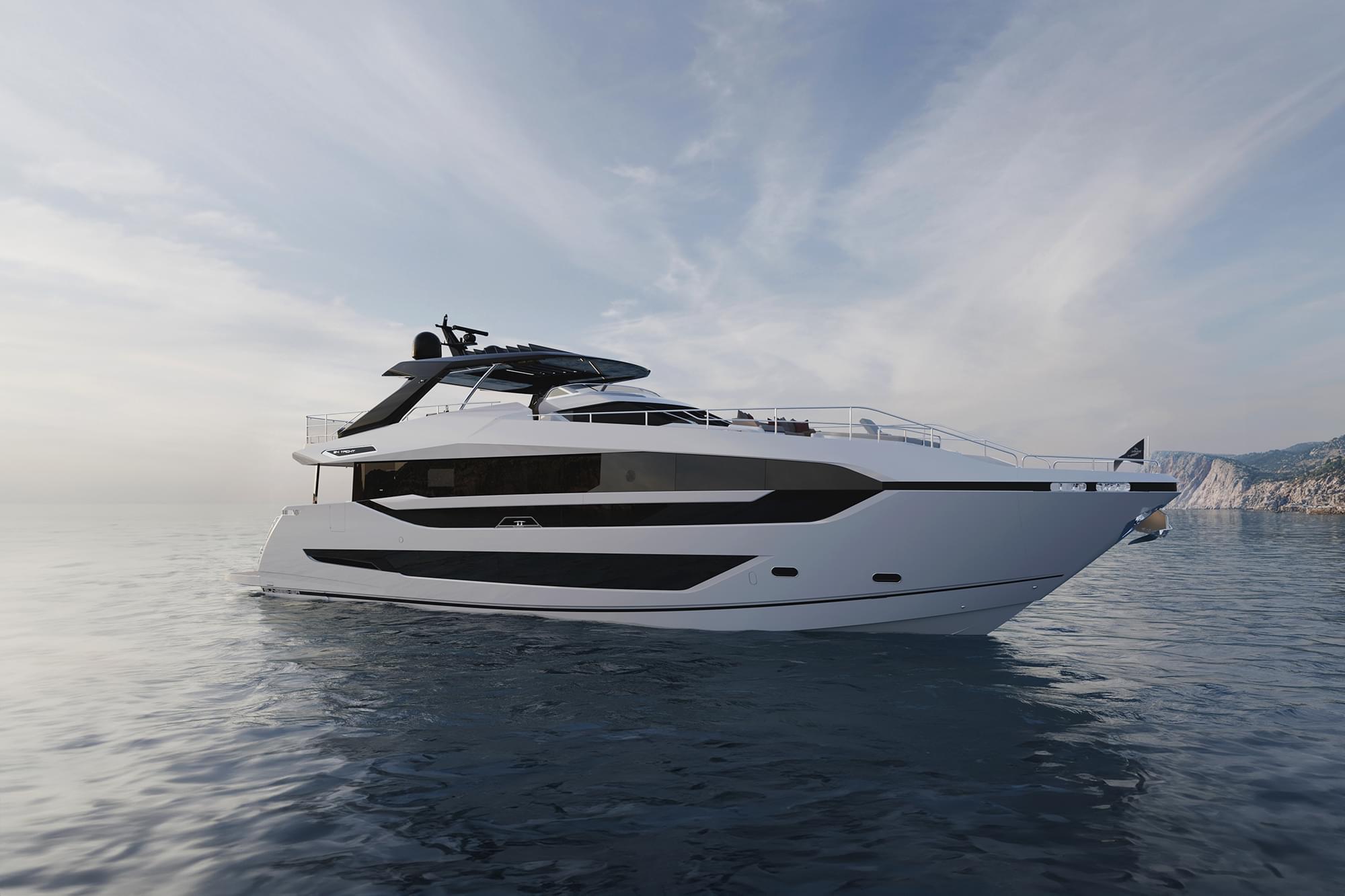 Sunseeker 94 Yacht, witte jacht op zee