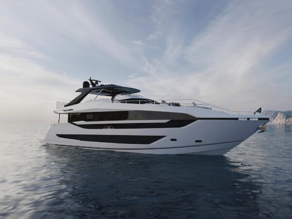 Sunseeker 94 Yacht, witte jacht op zee