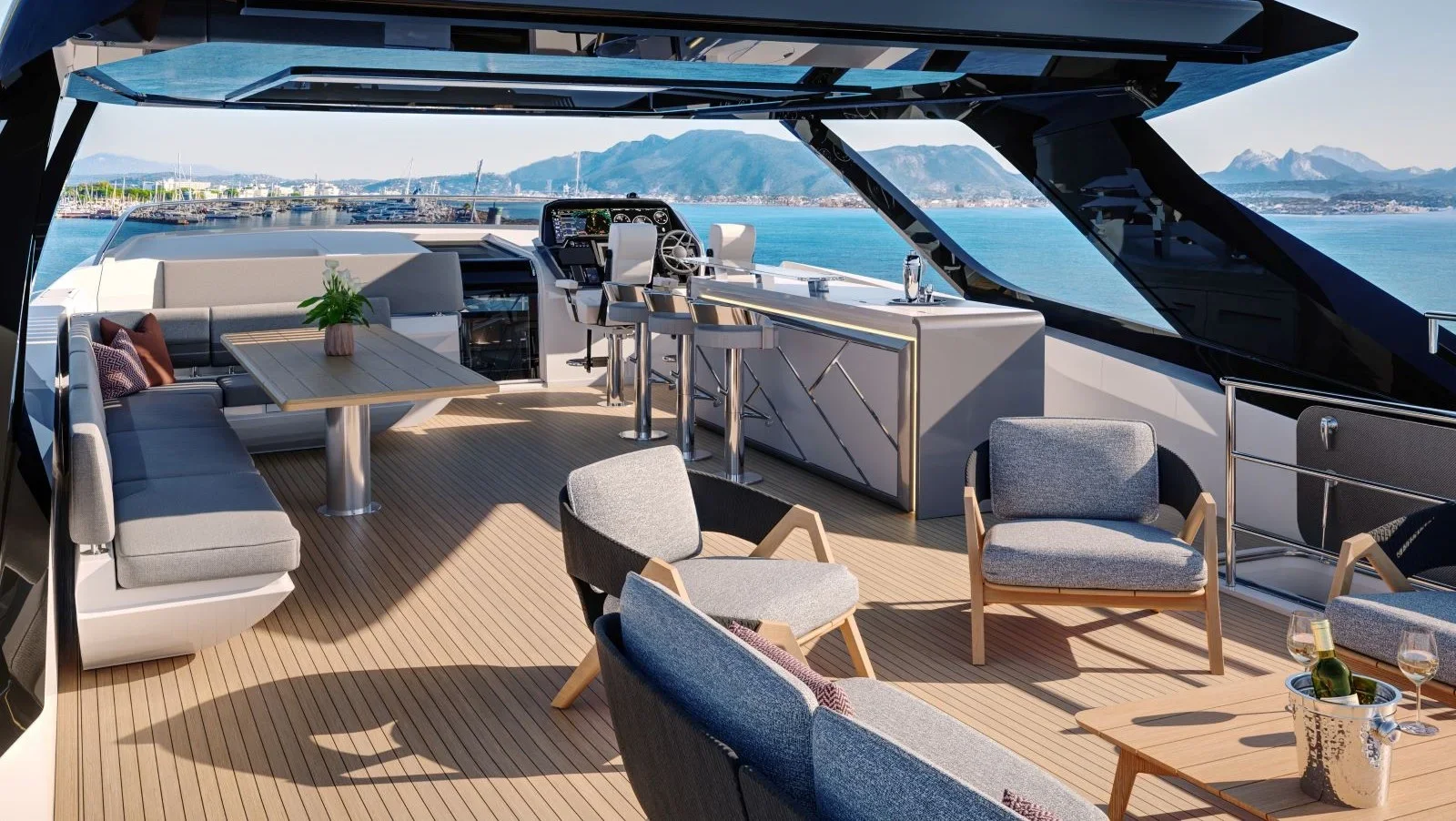 Sunseeker 94 Yacht, achterdek met loungezitjes en bar
