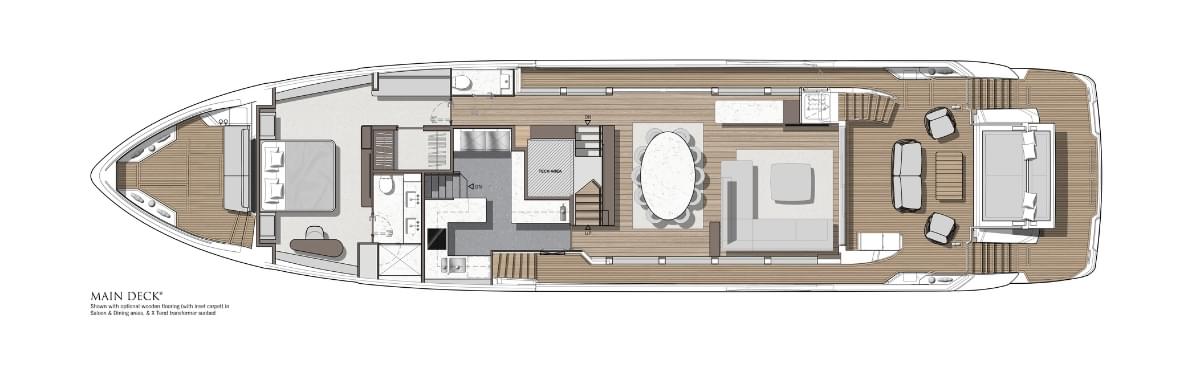 Sunseeker 94 Yacht, plattegrond hoofddek met salon