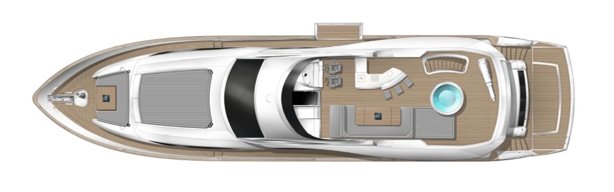 Sunseeker 95 Yacht, plattegrond boot met dek en jacuzzi