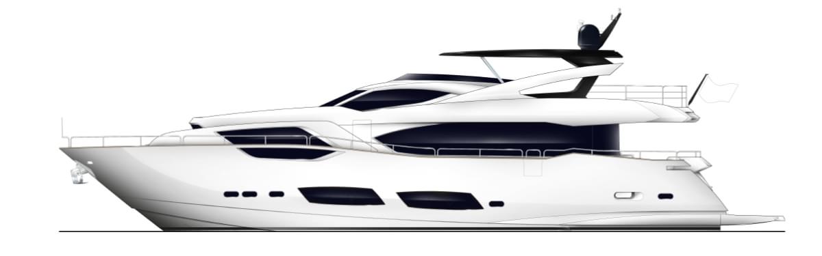 Sunseeker 95 Yacht, witte jacht zijaanzicht studio
