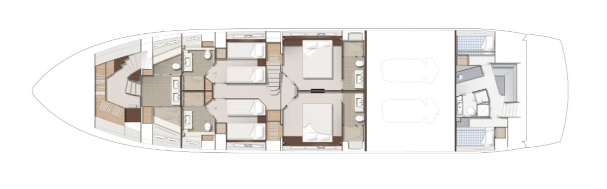 Sunseeker 95 Yacht, plattegrond met slaapkamers en badkamers