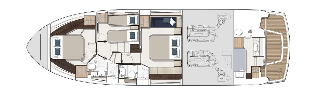Sunseeker Manhattan 55, plattegrond met slaapkamers en motorruimte