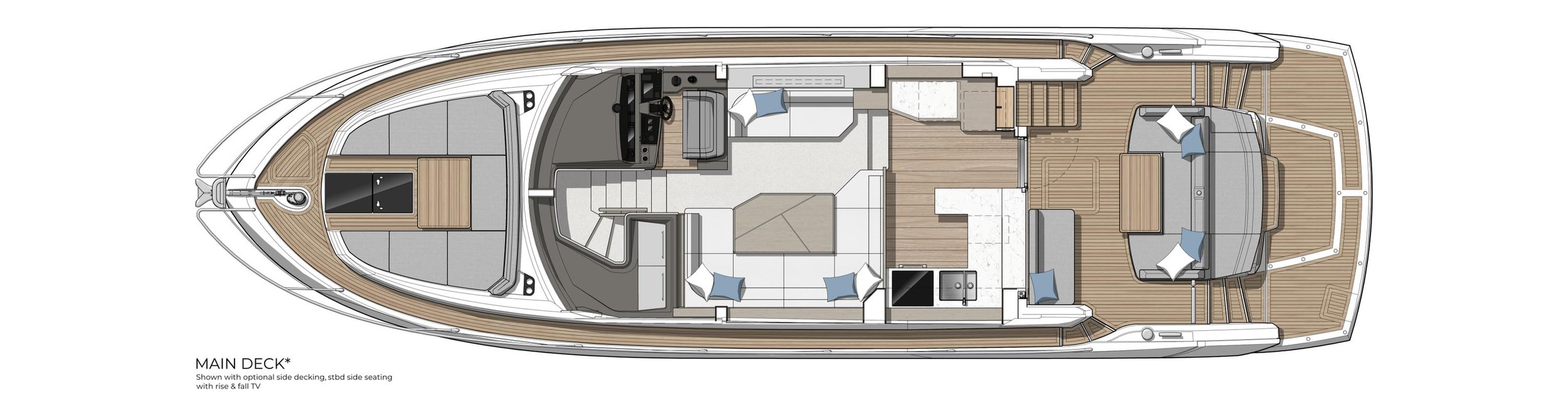 Sunseeker Manhattan 56, plattegrond hoofddek boot bovenaanzicht