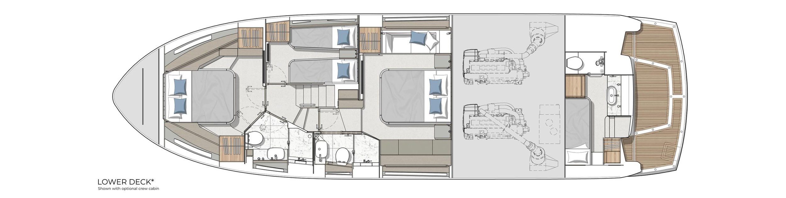 Sunseeker Manhattan 56, plattegrond onderdek met slaapkamers