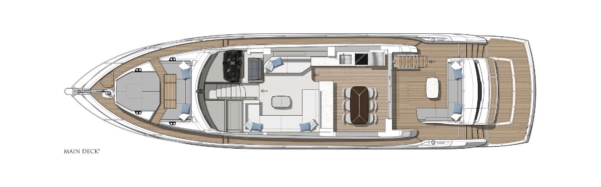 Sunseeker Manhattan 68, plattegrond hoofddek boot indeling