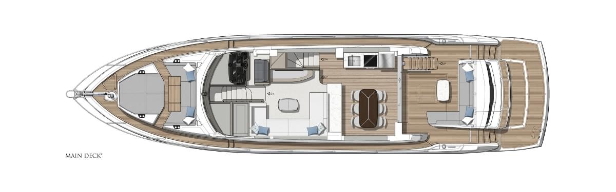 Sunseeker Manhattan 68, plattegrond hoofddek van boot
