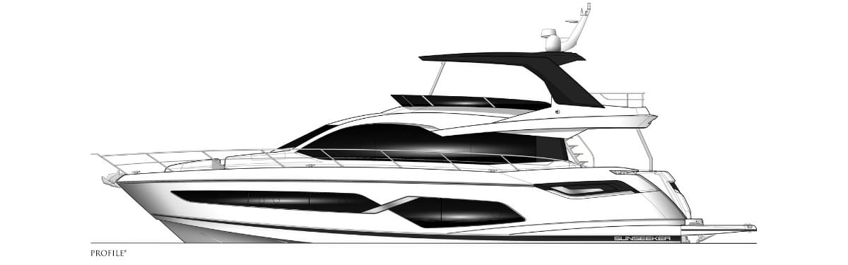 Sunseeker Manhattan 68, technische tekening jacht zijaanzicht