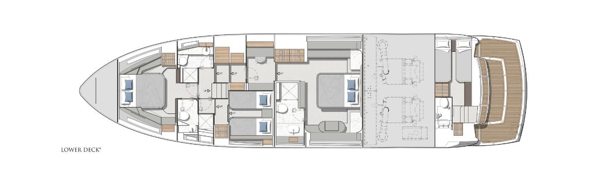 Sunseeker Manhattan 68, plattegrond lagere dek indeling