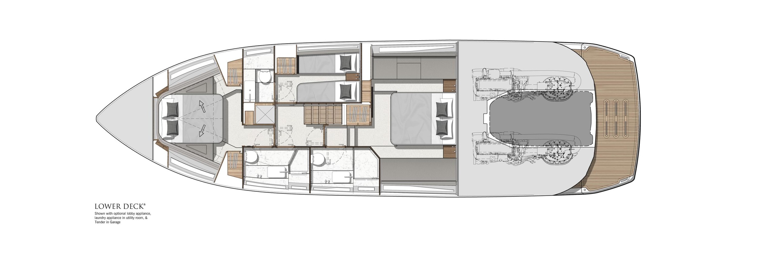 Sunseeker Predator 55, plattegrond lower deck slaapkamers en badkamers