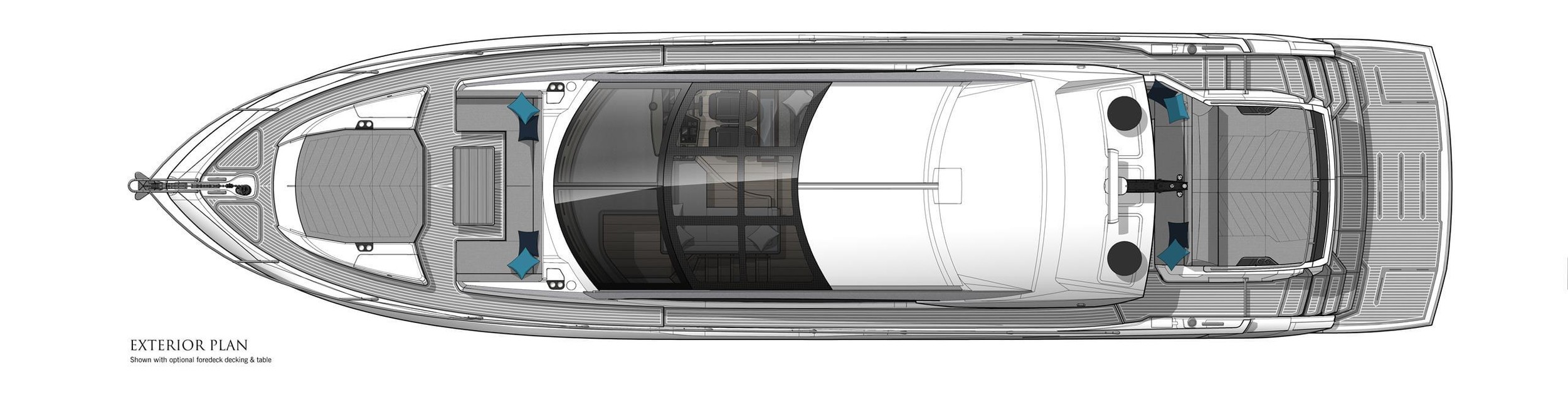 Sunseeker Predator 75, plattegrond dek van boven