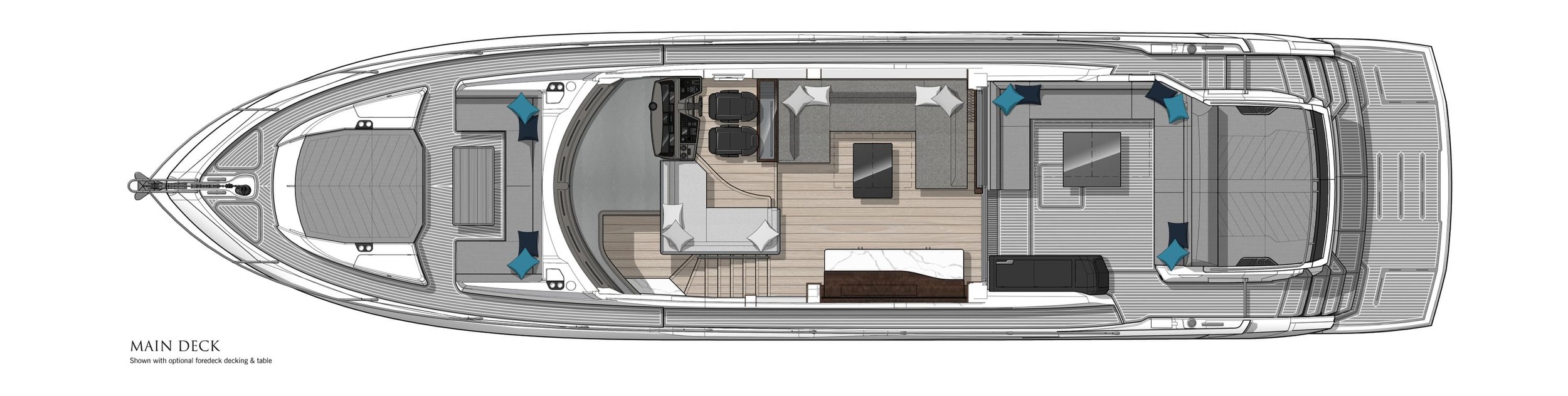 Sunseeker Predator 75, plattegrond hoofddek boot bovenaanzicht