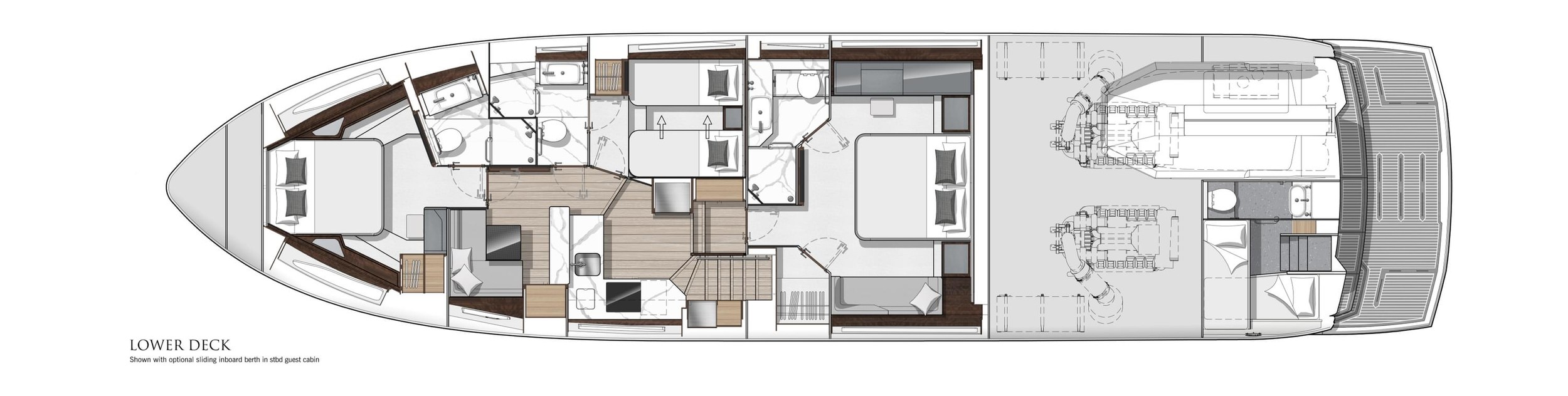 Sunseeker Predator 75, plattegrond onderdek met cabines