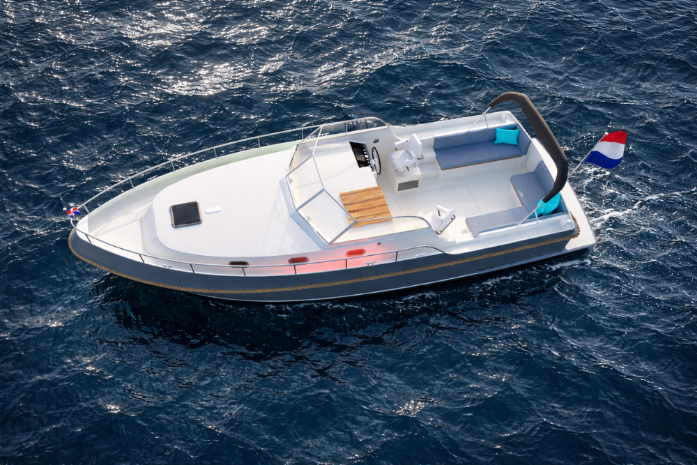 Vedette Cabin Dutchman 35 ft, boot van bovenaf gezien op zee