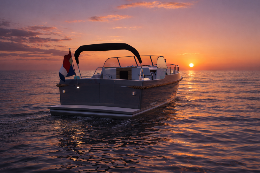 Vedette Cabin Dutchman 35 ft, boot varend bij zonsondergang