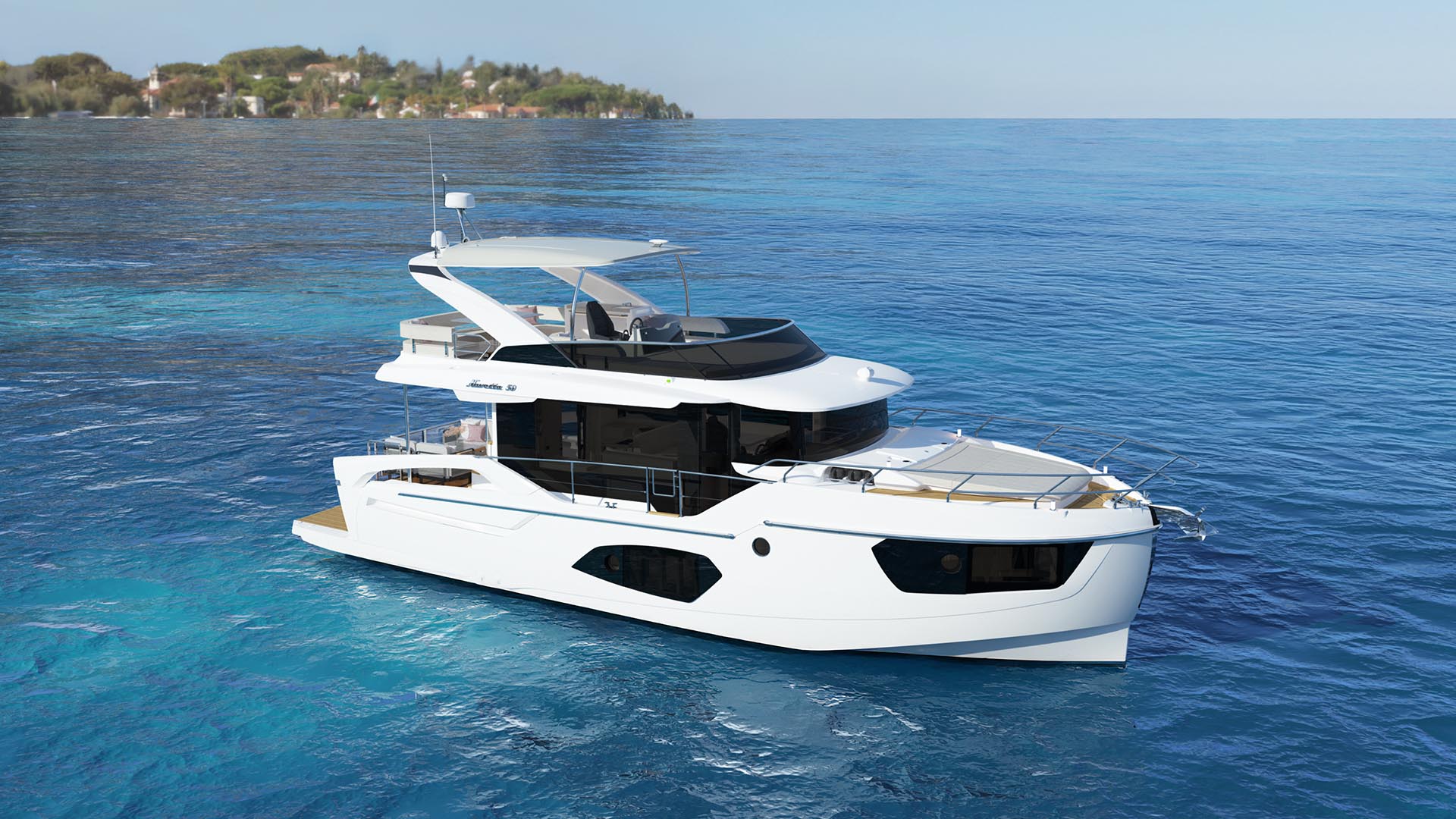 Absolute Navetta 50, witte motorjacht voor anker bij kust