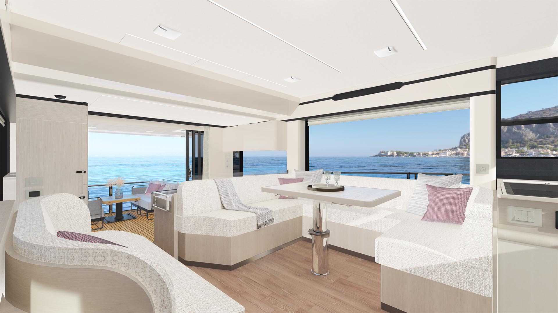Absolute Navetta 50, lounge met zithoek en zeezicht