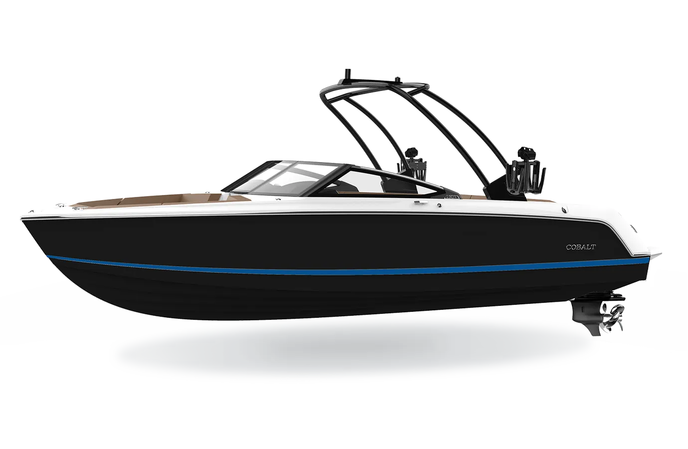 Cobalt CS23, zwarte speedboot zijaanzicht studio