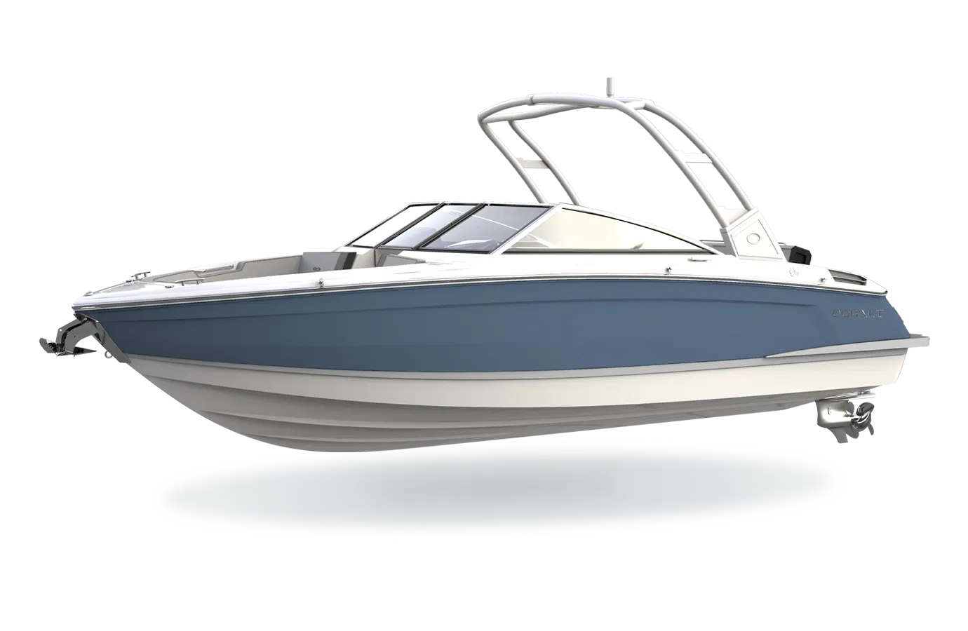 Cobalt R4, blauwe motorboot zijaanzicht studio