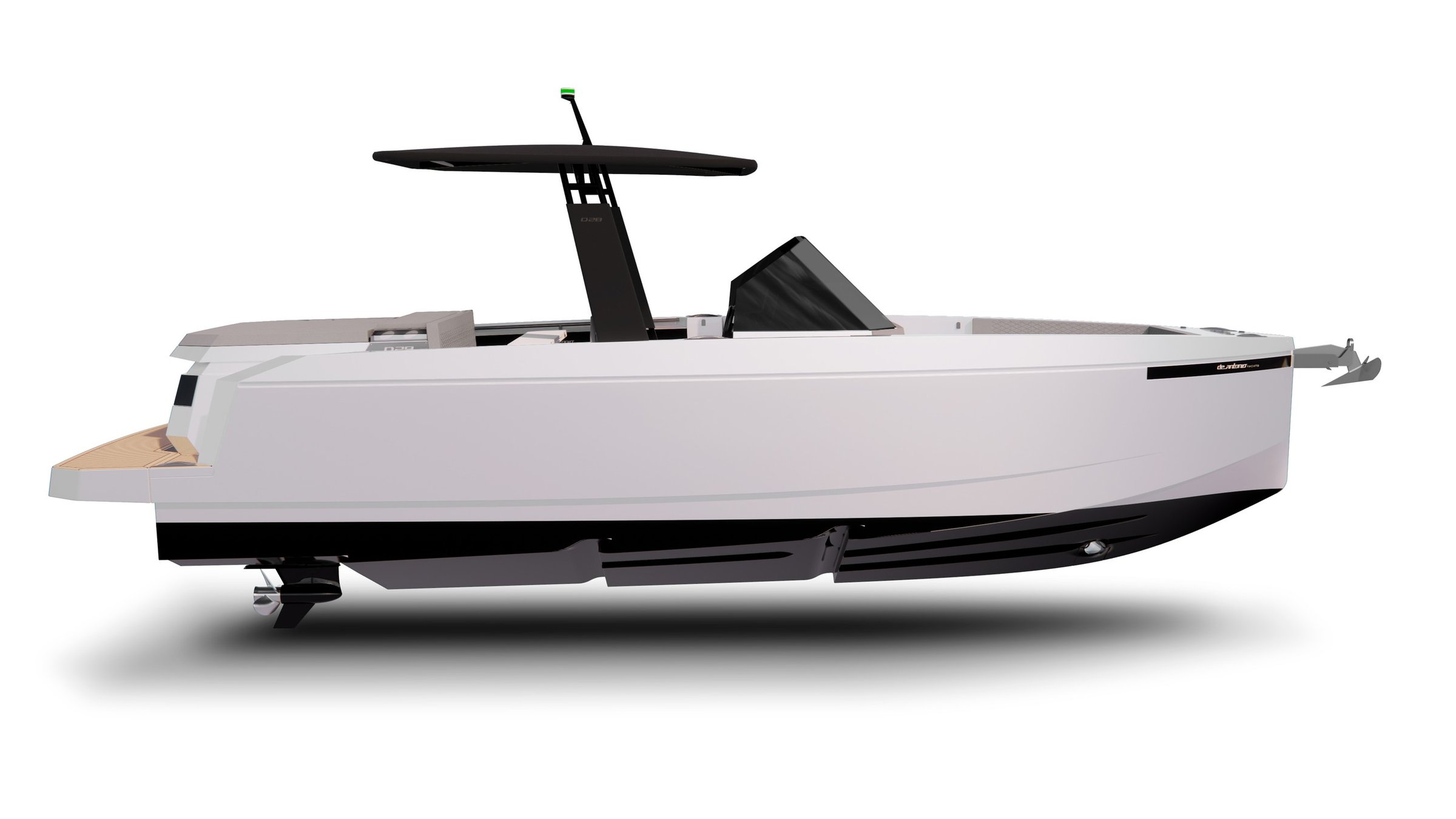 De Antonio D29, witte speedboot zijaanzicht op wit