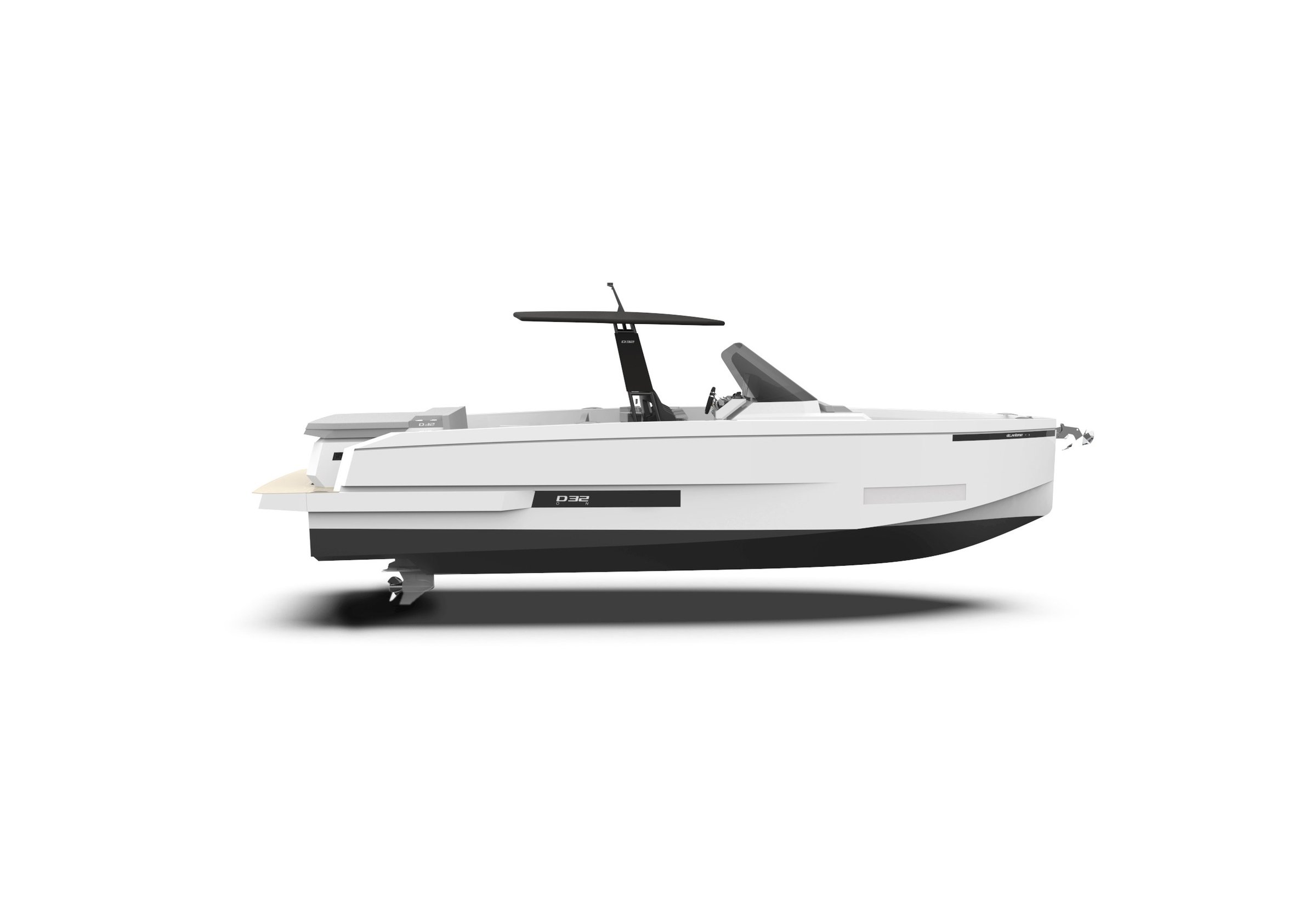 De Antonio D32 Open, witte speedboot zijaanzicht studio