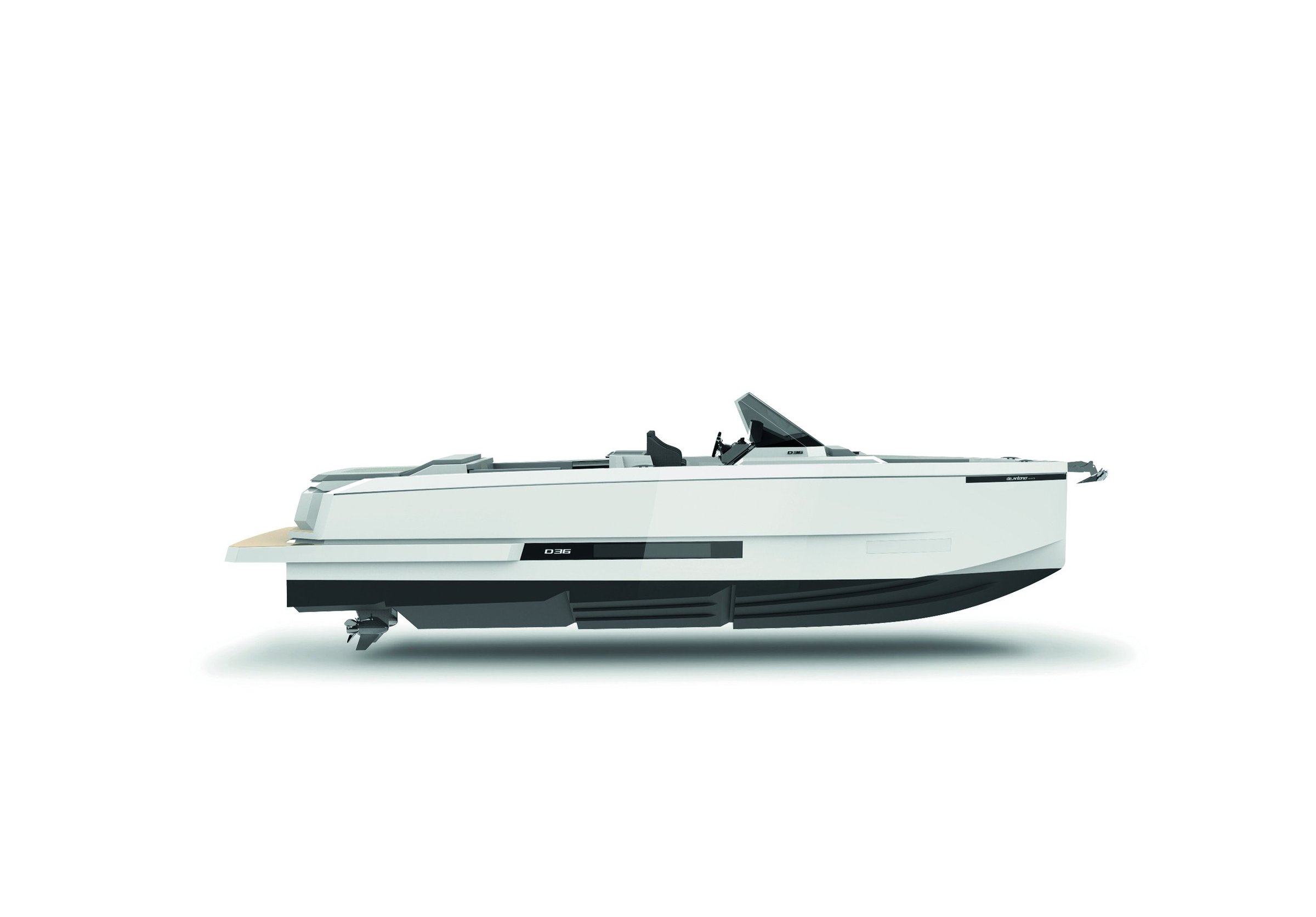 De Antonio D36 Open, witte speedboot zijaanzicht studio