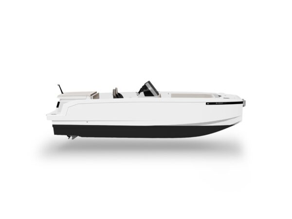 De Antonio E23, zijaanzicht witte speedboot