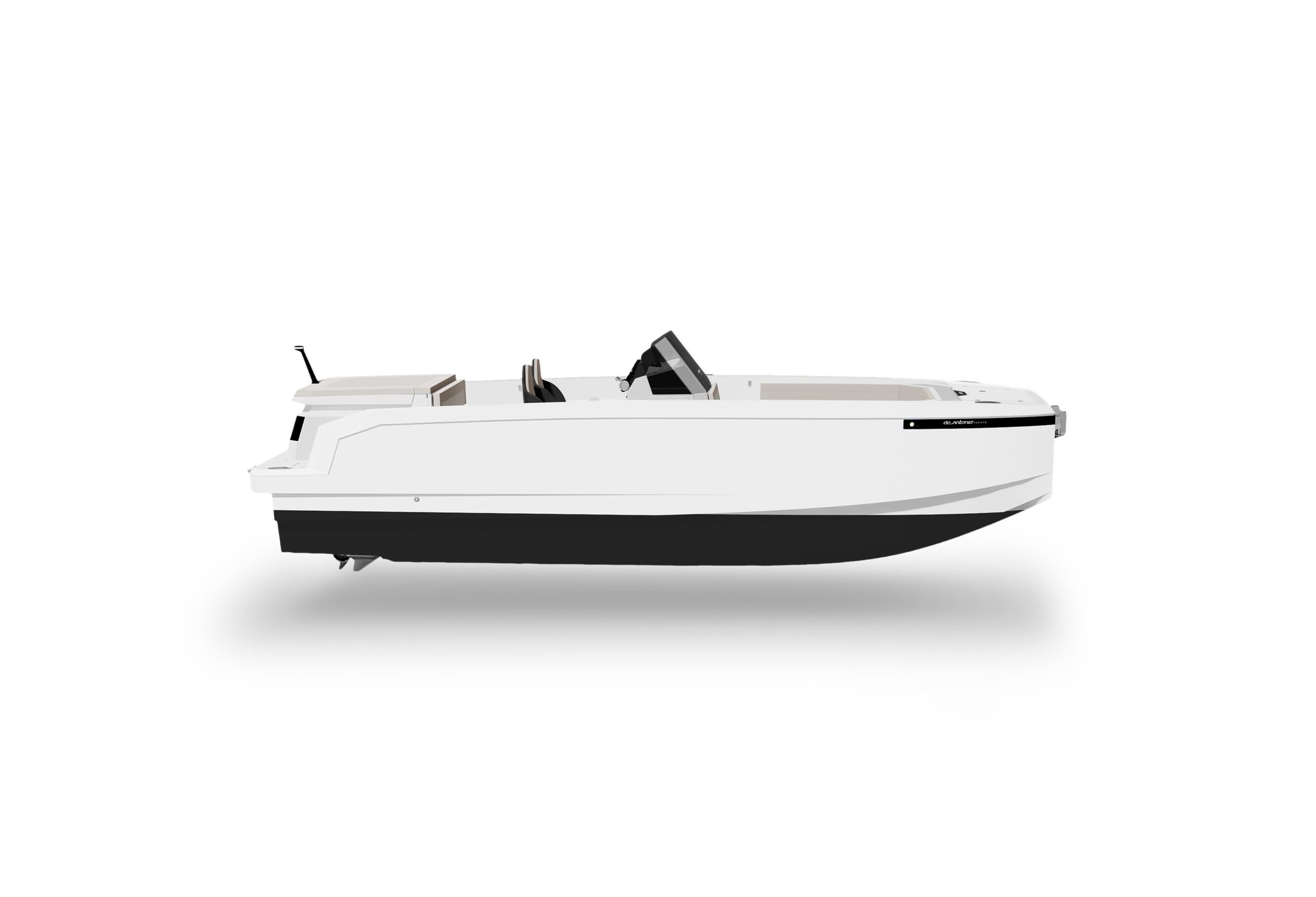 De Antonio E23, zijaanzicht witte speedboot
