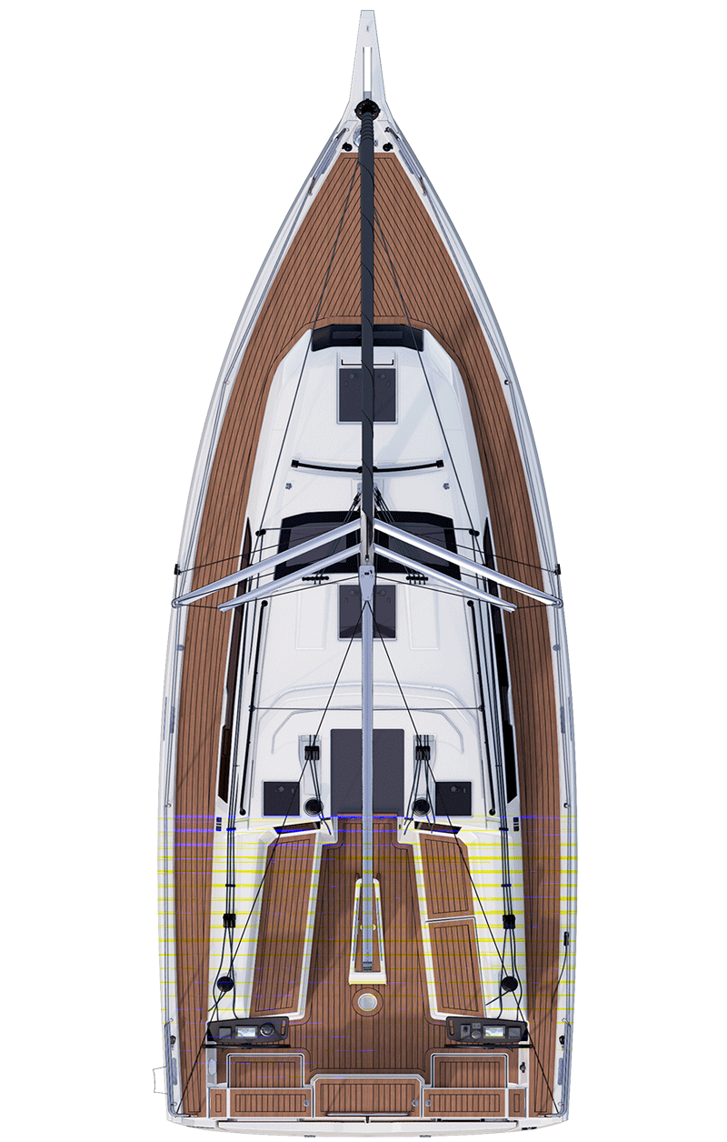 Dufour 39, dekaanzicht van zeilboot bovenaf