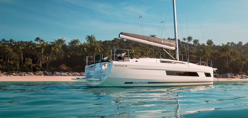 Dufour 39, zeilboot afgemeerd bij strand