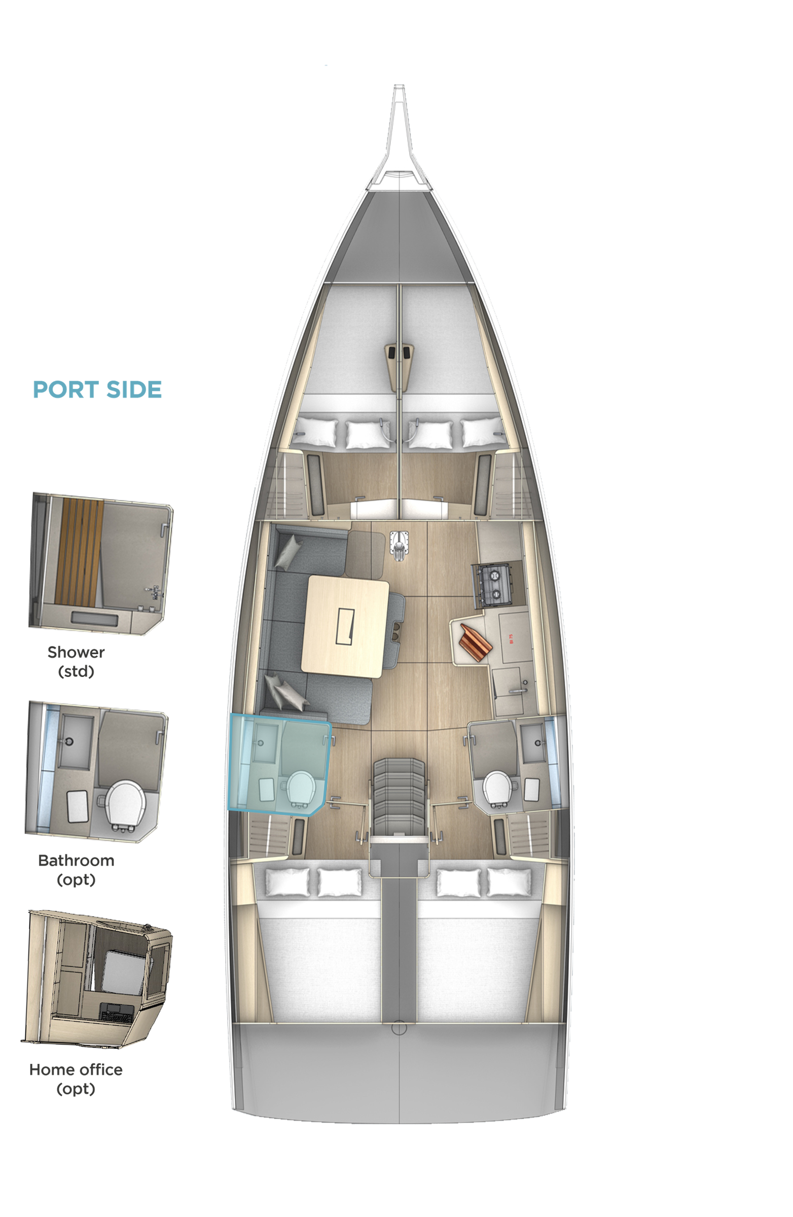 Dufour 41, plattegrond boot met indeling kajuit