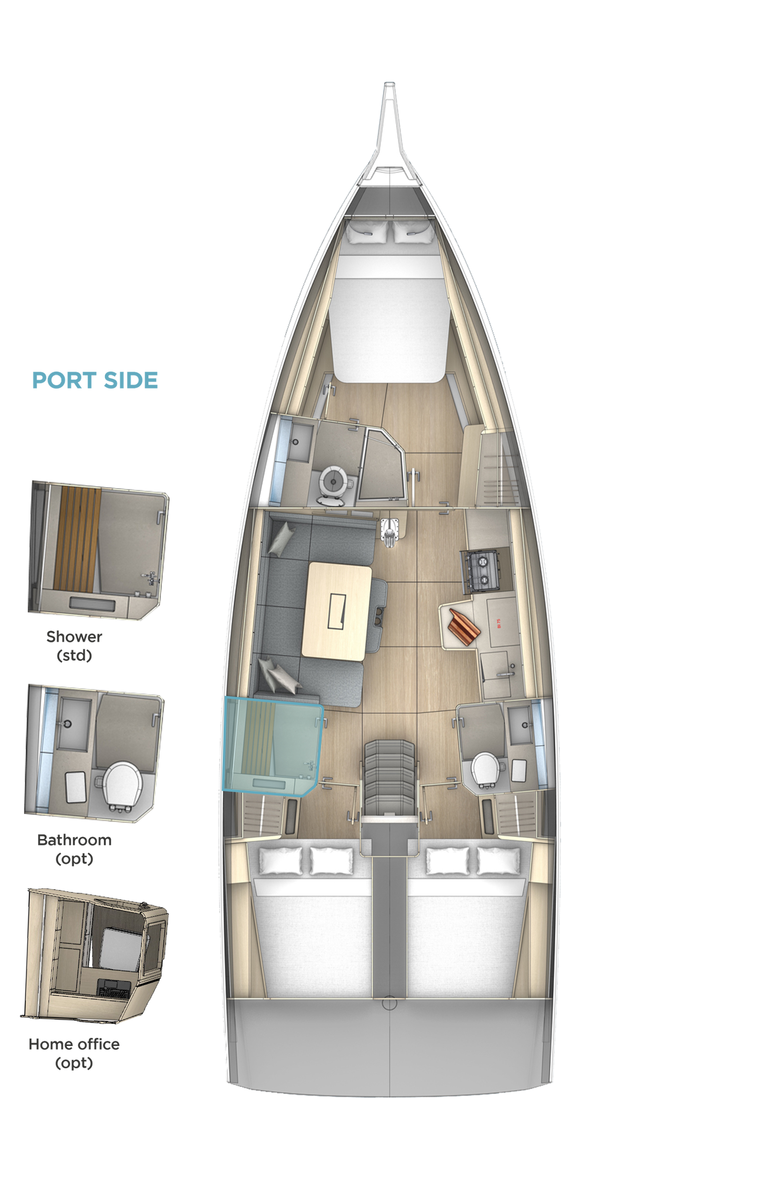 Dufour 41, plattegrond boot met slaapkamers en badkamer