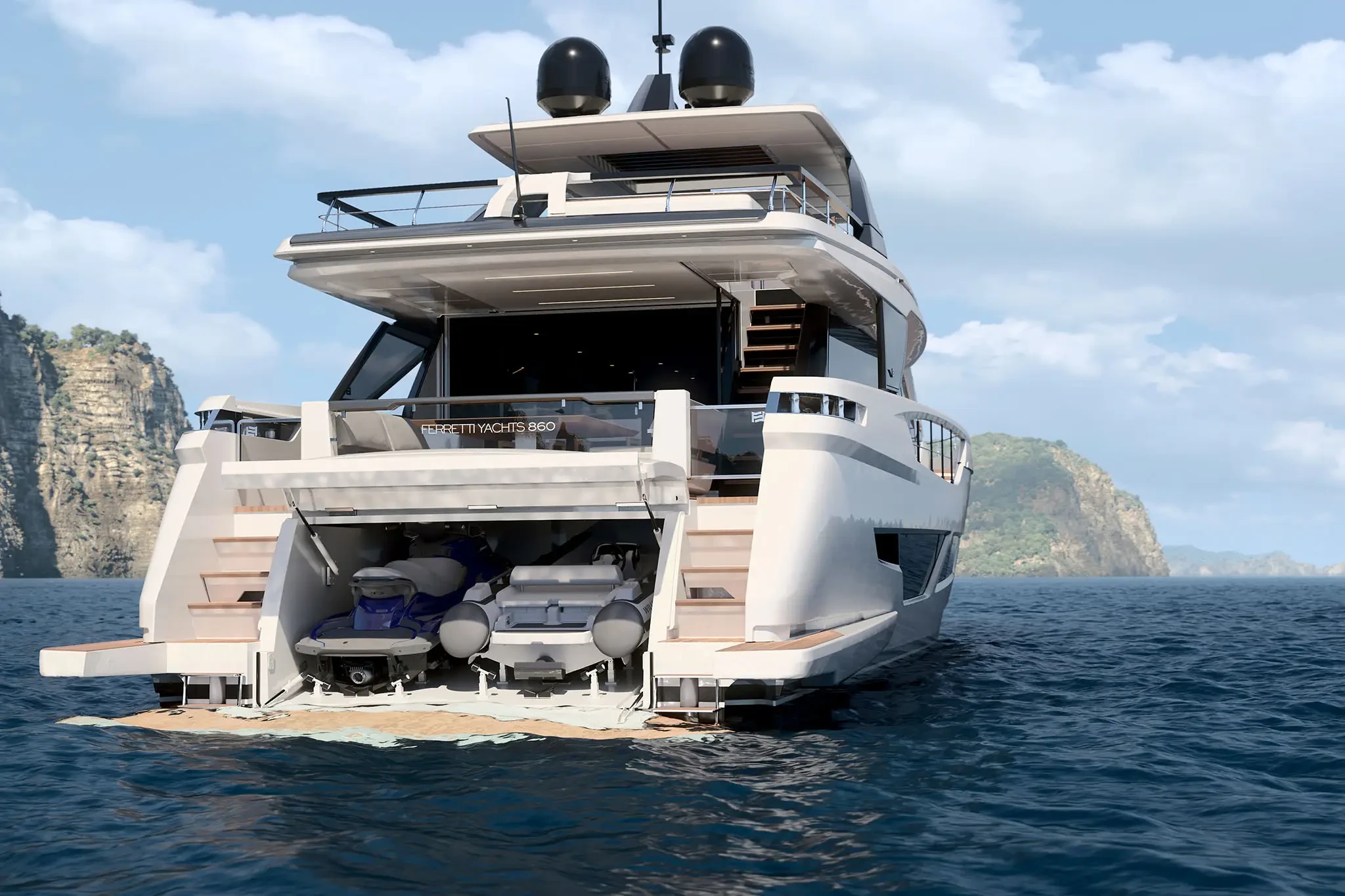 Ferretti 860, achteraanzicht jacht met watersporttuig