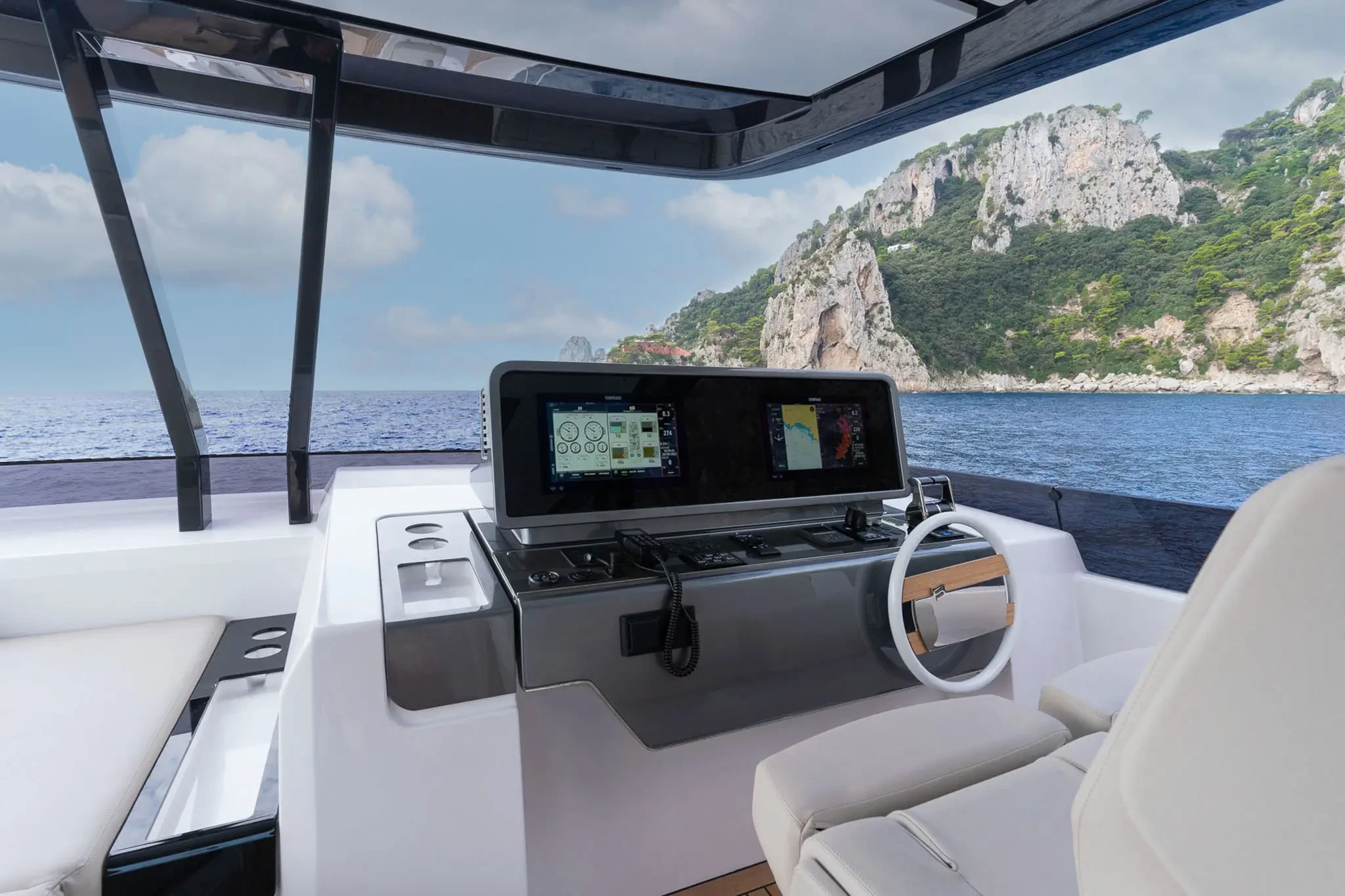 Ferretti 860, stuurstand met navigatieschermen en stoelen