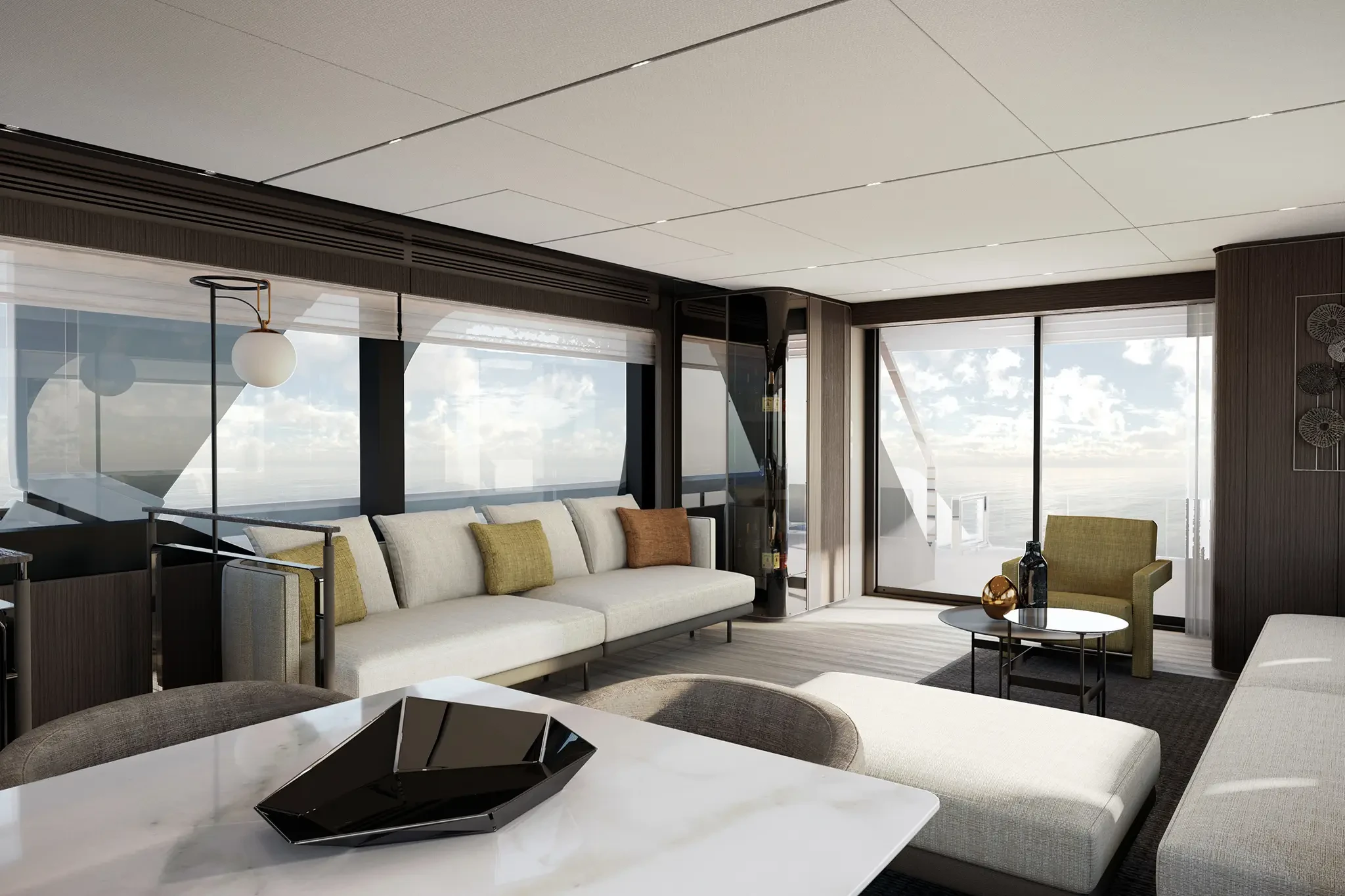Ferretti Infynito 80, luxe lounge met zeezicht