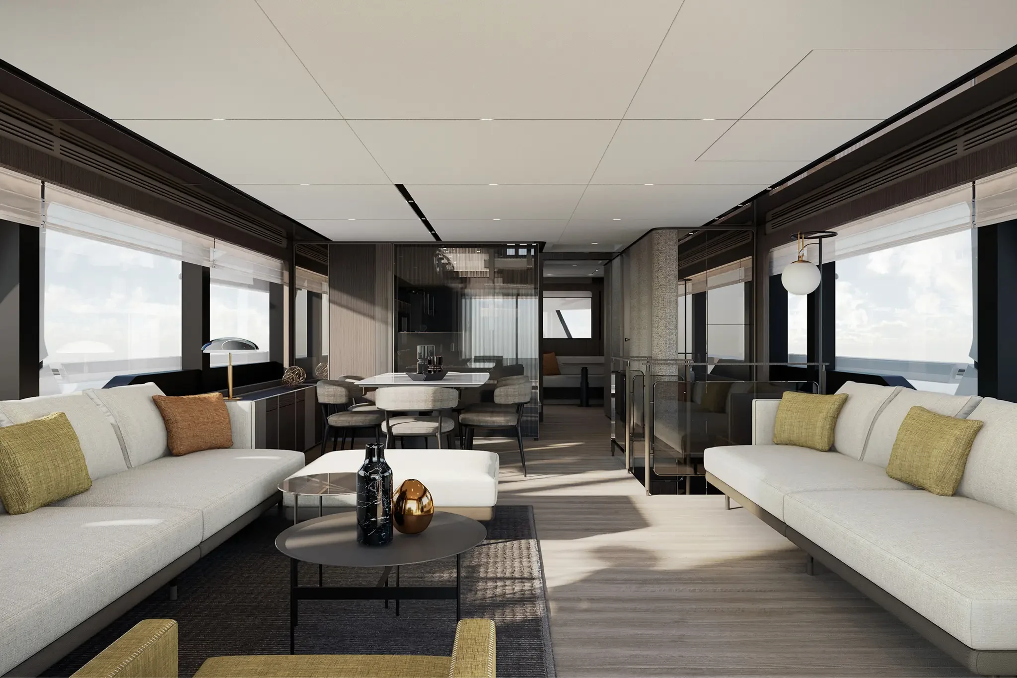 Ferretti Infynito 80, luxe woonkamer met banken en eettafel