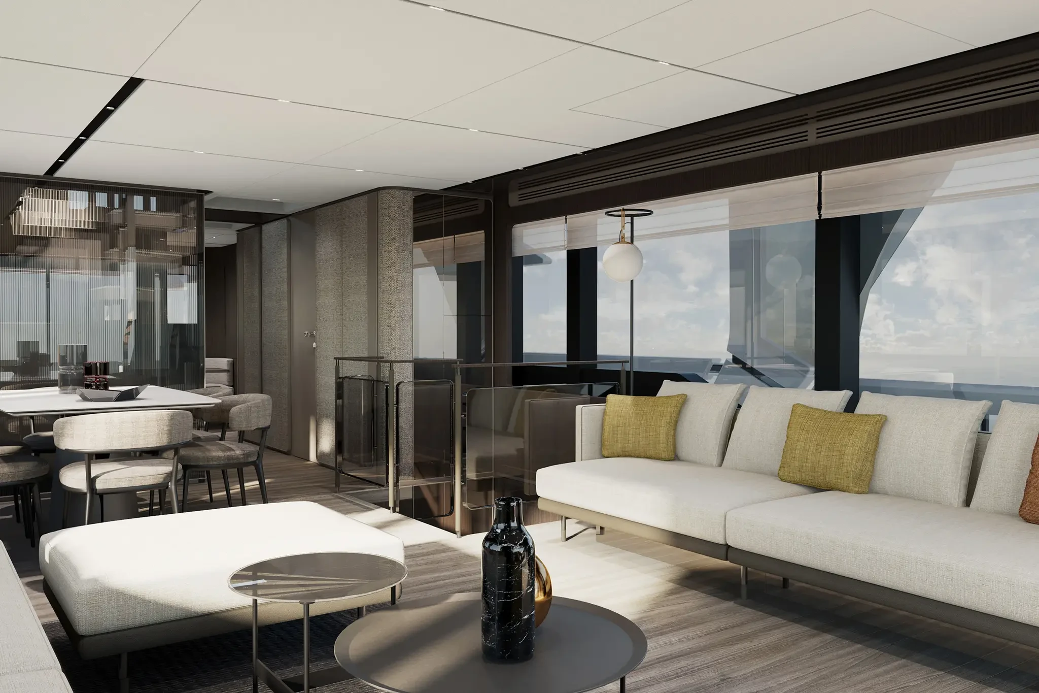 Ferretti Infynito 80, luxe woonruimte met bank en eettafel