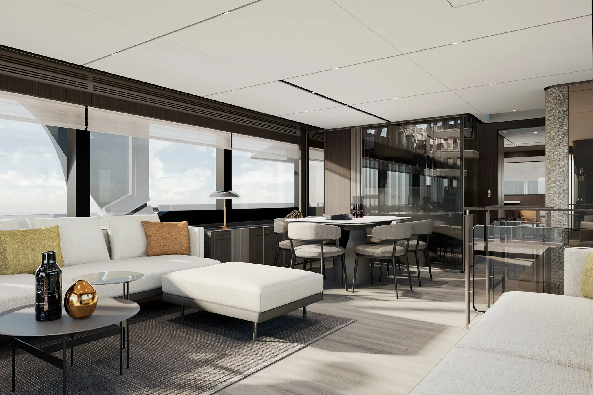 Ferretti Infynito 80, luxe woonruimte met eettafel en bank