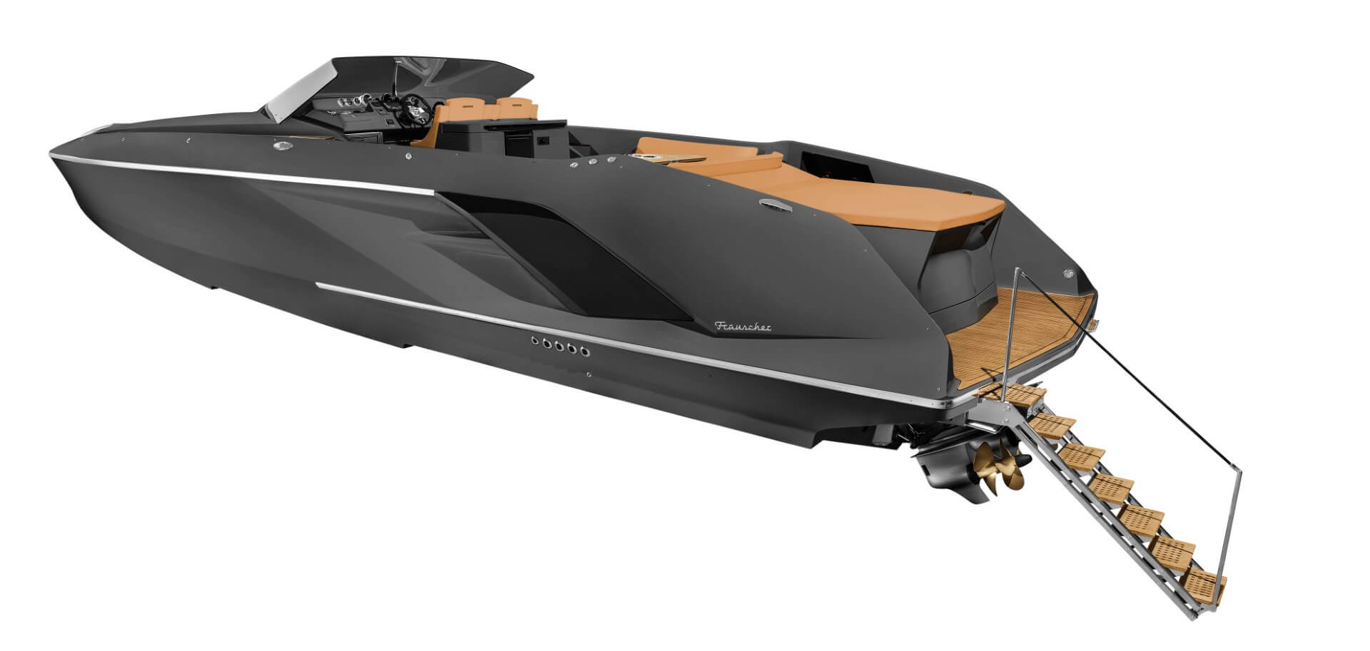 Frauscher 1414 Demon, speedboot met zwembadtrap uitgeklapt