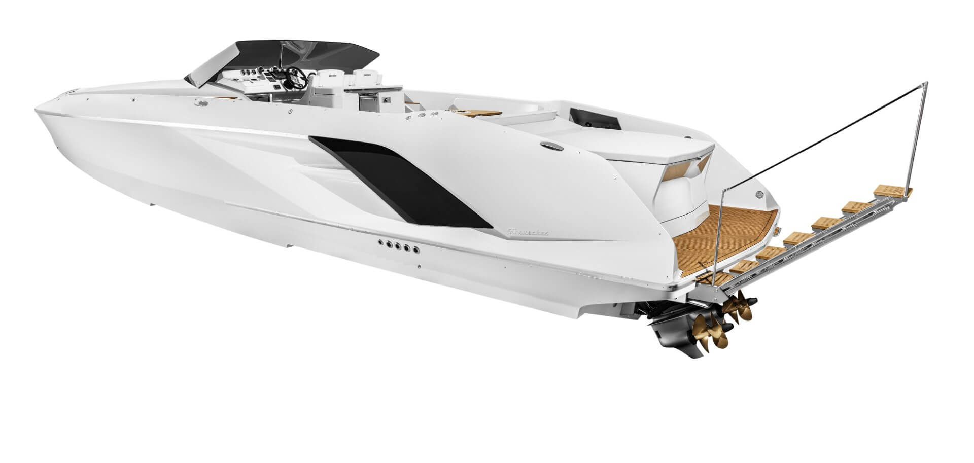 Frauscher 1414 Demon, witte speedboot met zwembadtrap